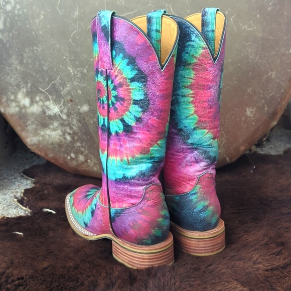 TIN HAUL "Happy Hippie" groovy rainbow tie dye leather cowgirl boots sz 6.5 EUC - Picture 7 of 16